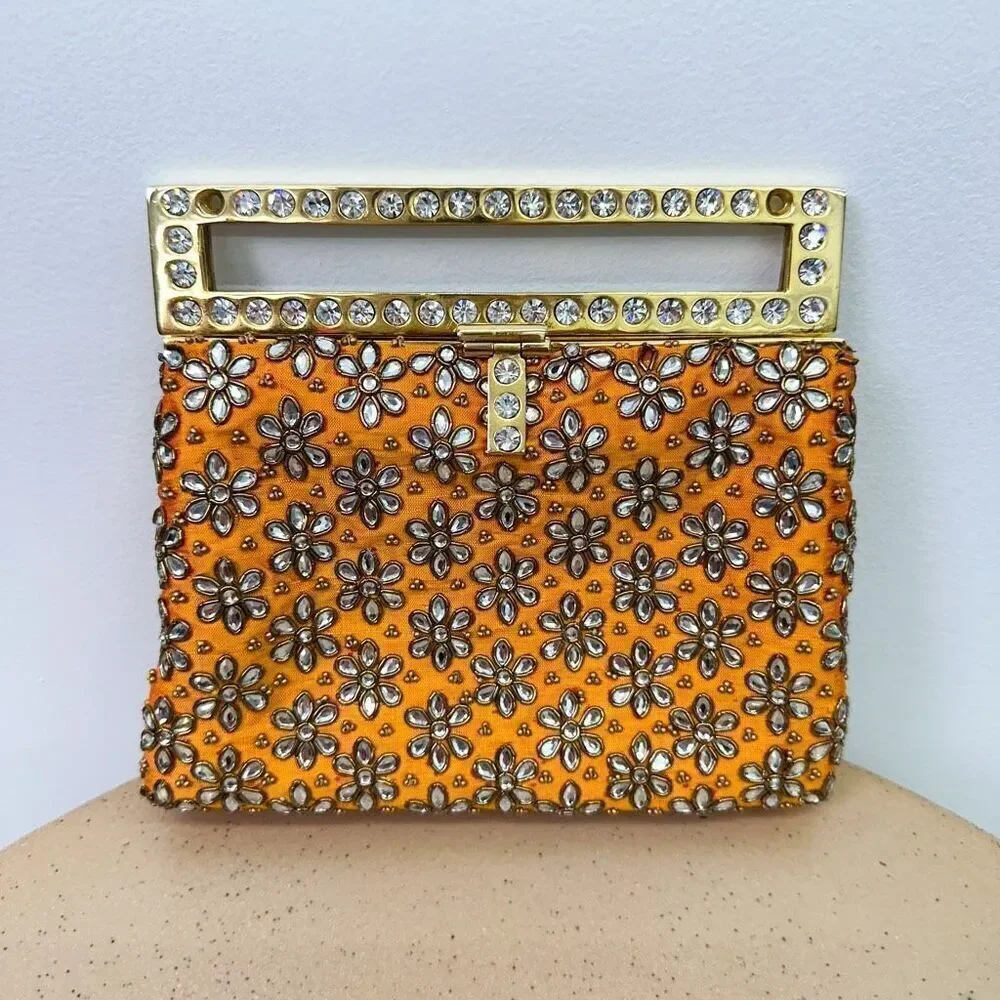 Meera Mahadevia Fully Embellished Satin Marigold Yellow Clutch Purse